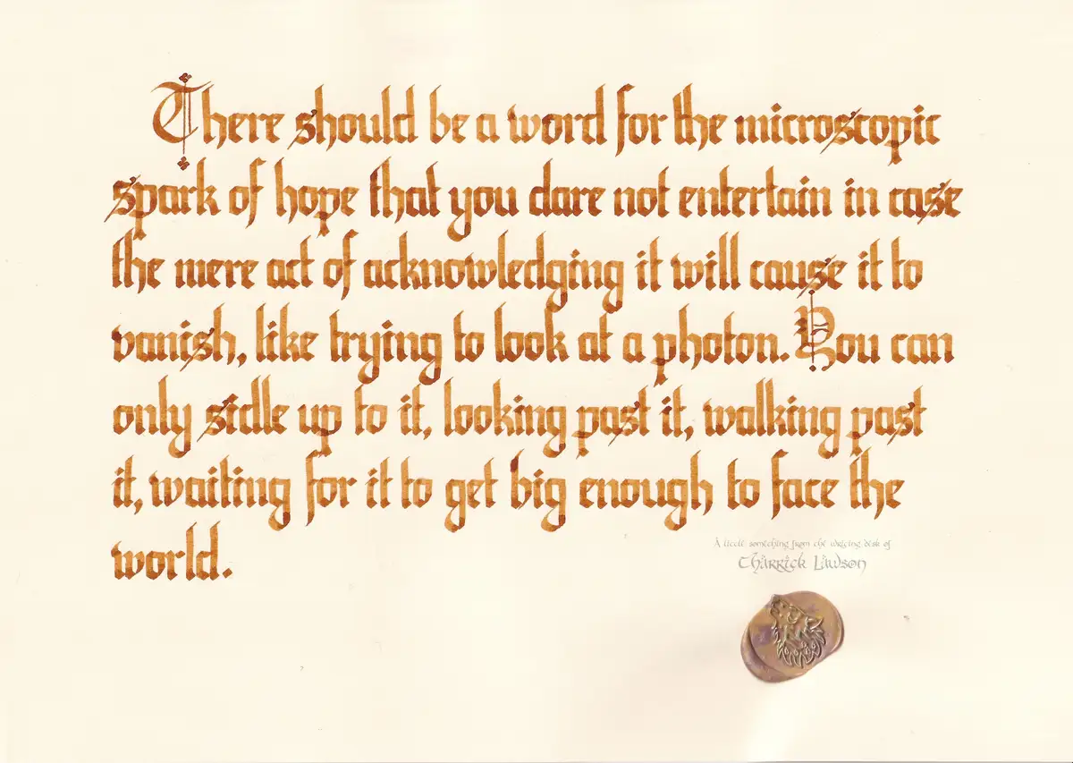 An image displays ornate, brownish-gold calligraphic text on a cream-colored background. The main text is a poetic passage…