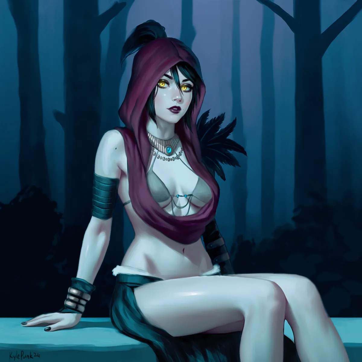 A digitally painted fantasy woman with glowing yellow eyes, dark hair, and a purple hood sits in a dark forest. She wears…