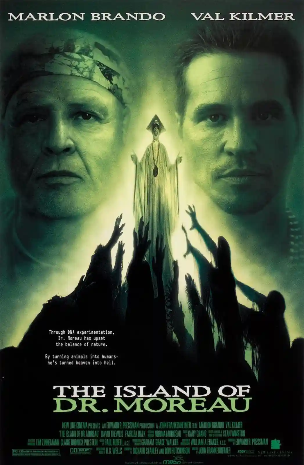 This is a movie poster for 'The Island of Dr. Moreau' featuring actors Marlon Brando and Val Kilmer. The poster shows their…