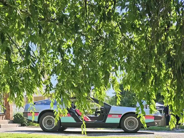 A light blue, black, and pink DeLorean DMC-12 with gull-wing doors open is parked on a gravel driveway, partially obscured…