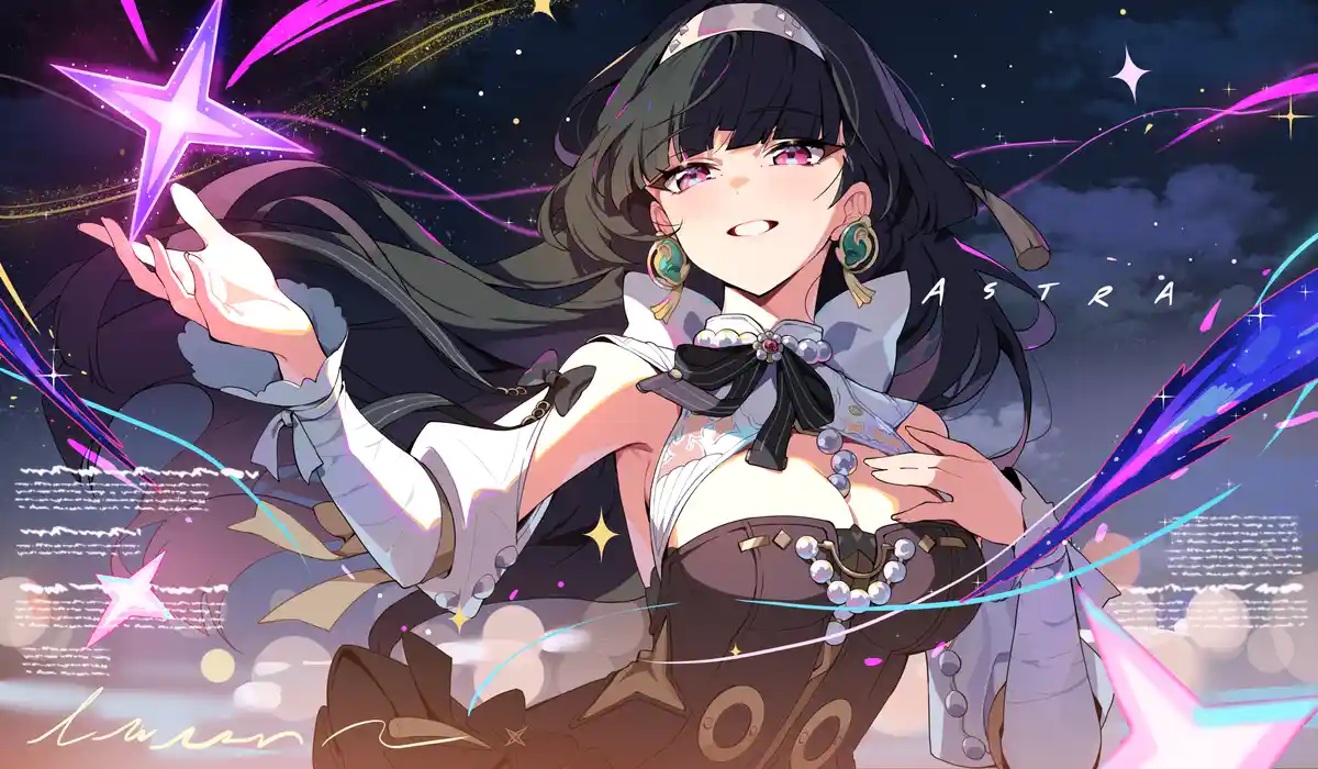An anime-style illustration of a young woman with long dark hair and pink eyes, wearing a detailed outfit with bows and…