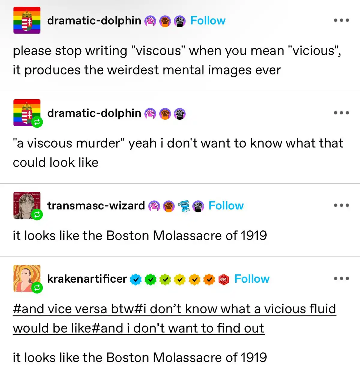 A screenshot of a social media thread where users discuss the confusing mental imagery created by mixing up the words…