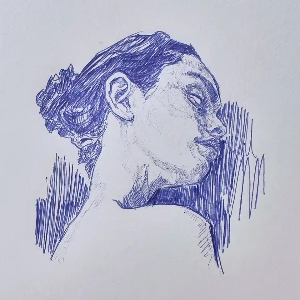 A blue ink sketch of a person's head and shoulders in profile, with the face turned away and eyes closed, surrounded by…