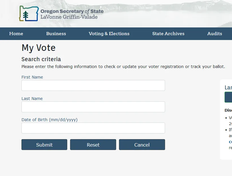 A screenshot of the Oregon Secretary of State's 'My Vote' webpage, showing a form to check or update voter registration with…
