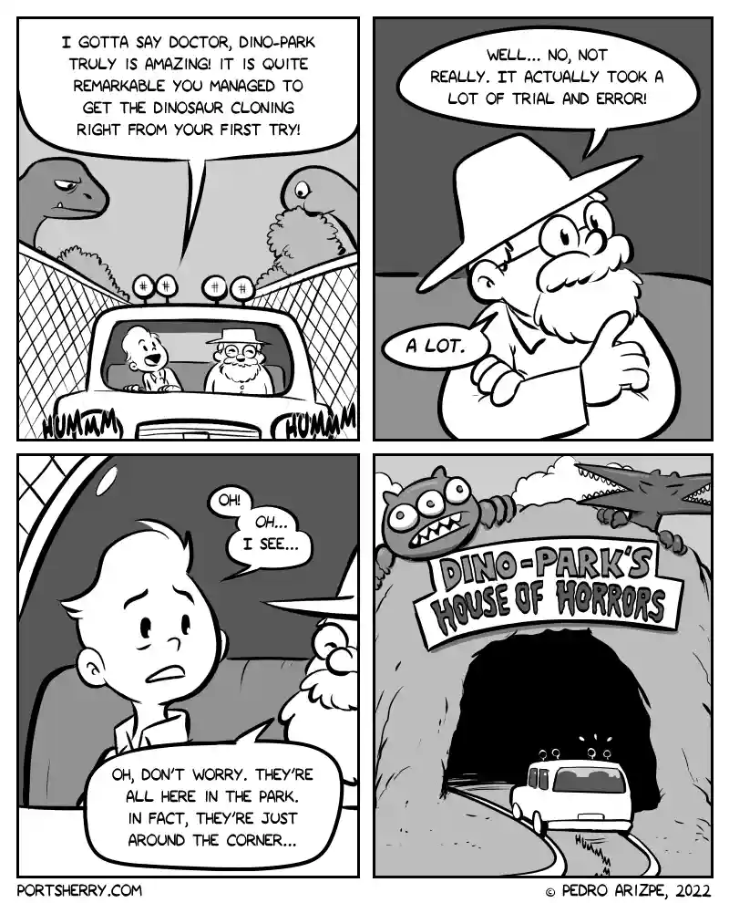 A four-panel comic strip shows a child and a doctor in a car praising a dinosaur park. The doctor modestly admits it took 'a…