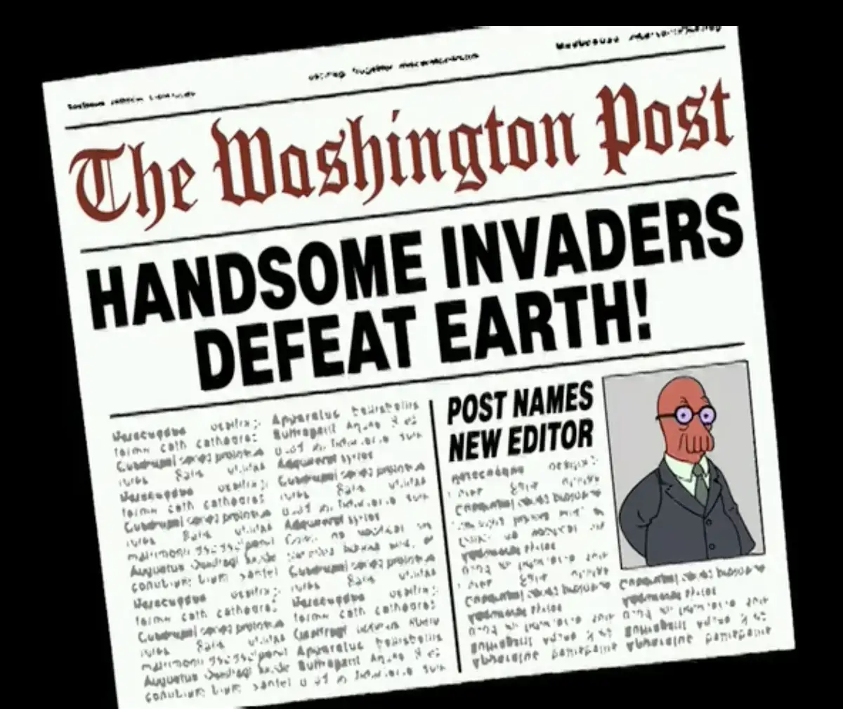 A parody newspaper front page styled like The Washington Post, featuring the headline 'HANDSOME INVADERS DEFEAT EARTH!' and…