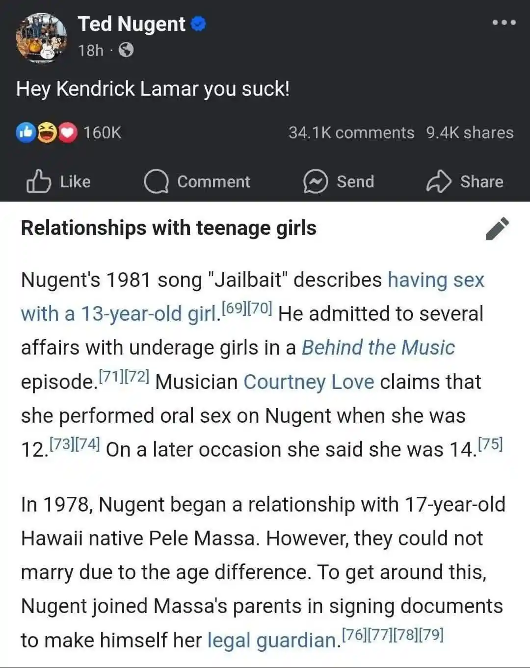 A screenshot of a Facebook post by Ted Nugent, who wrote 'Hey Kendrick Lamar you suck!' The image also shows a…