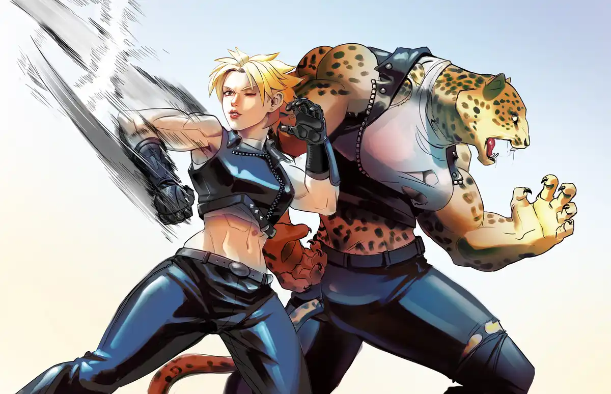An anime-style illustration shows a muscular blonde human woman in a black leather outfit and a muscular leopard with…