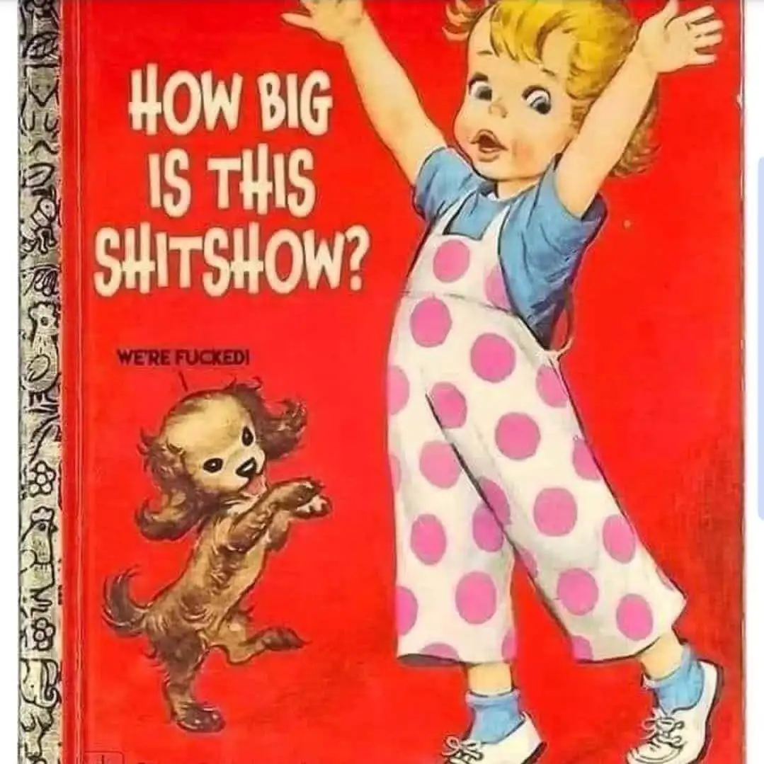 A vintage-style children's book cover featuring a blonde child in polka-dot overalls with arms raised in alarm, standing…