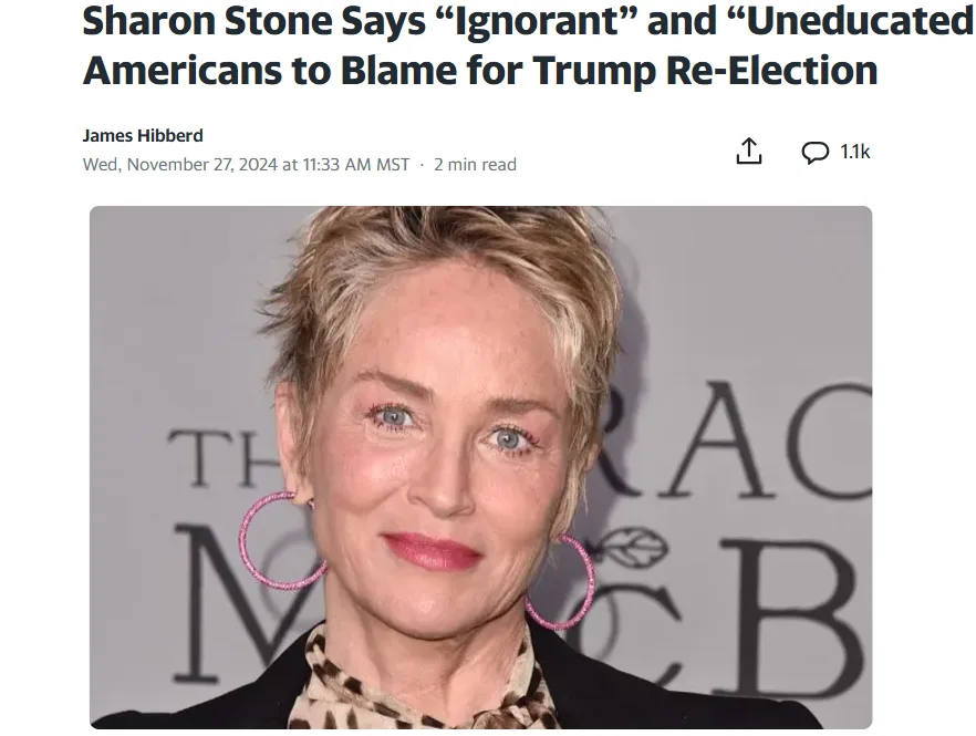 A screenshot of a news article by James Hibberd dated November 27, 2024, featuring a photo of actress Sharon Stone with…