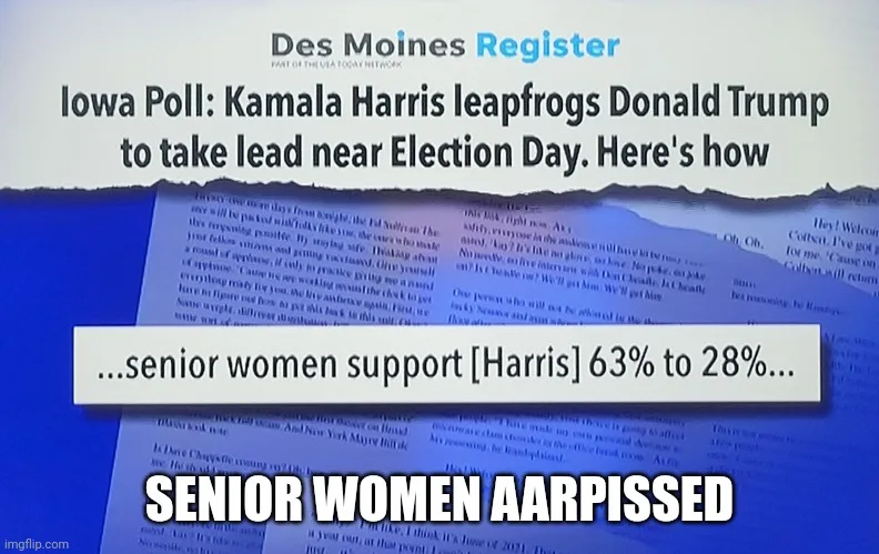 A screenshot of a Des Moines Register headline about an Iowa poll showing Kamala Harris leading Donald Trump, with a…