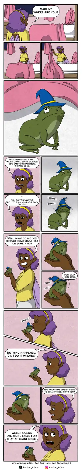 A comic strip shows a fairy with purple hair searching for her missing partner, Marlin. She discovers he's turned into a…
