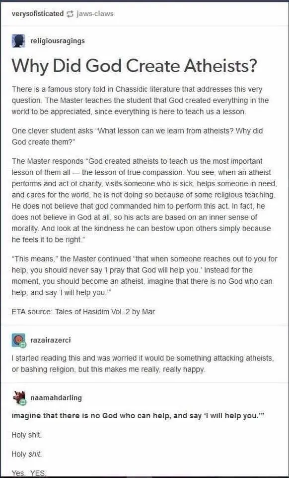 A screenshot of a Reddit thread where a user posts a Chassidic story explaining that God created atheists to teach humanity…