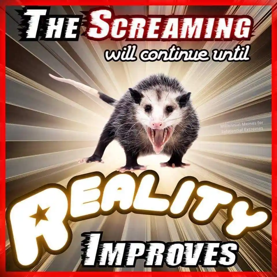 An image of an angry-looking opossum with its mouth wide open, set against a radiating light background. The text overlaid…