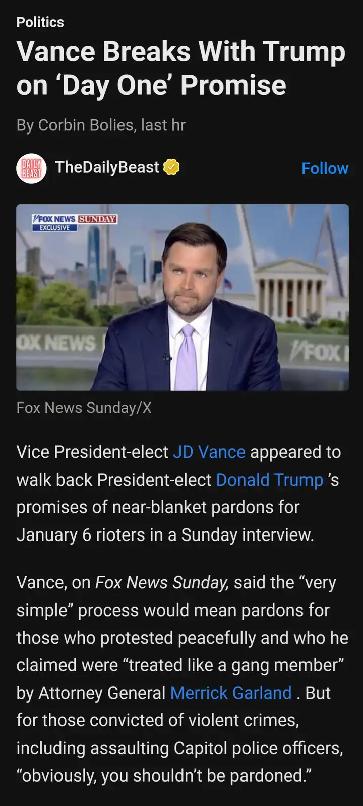 A screenshot of a news article from The Daily Beast shows a photo of JD Vance on Fox News Sunday. The headline reads 'Vance…