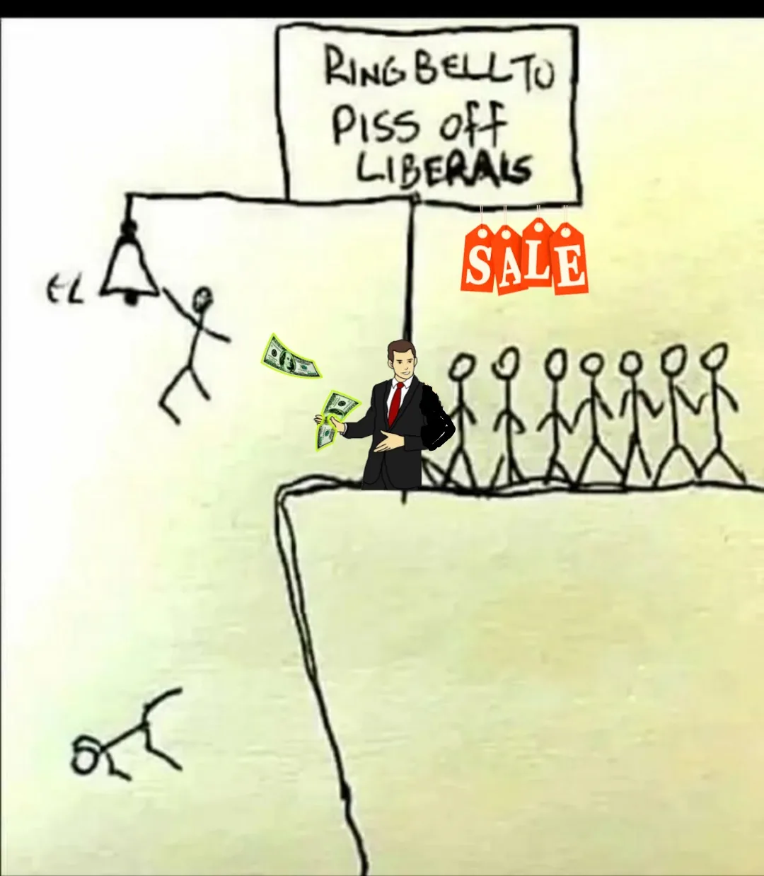 A crudely drawn stick figure diagram shows a bell with a sign above it reading 'RING BELL TO PISS OFF LIBERALS'. Below, a…