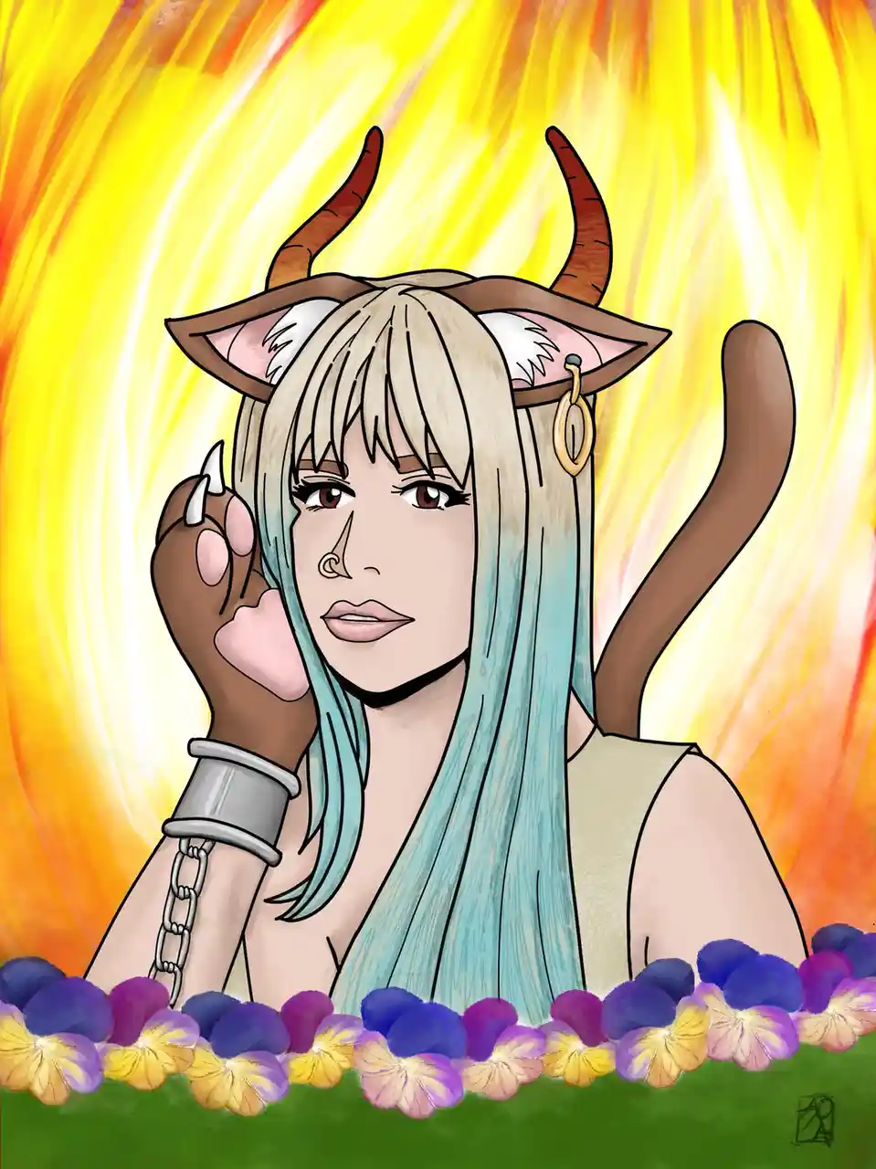 An anime-style illustration of a woman with goat-like features including horns, ears, and a tail, set against a fiery…