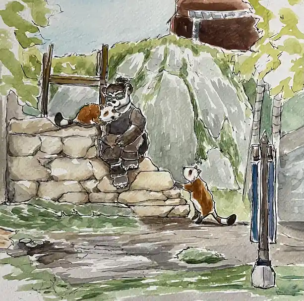 A watercolor-style illustration shows a large, muscular anthropomorphic bear wearing glasses and a vest, sitting atop a…