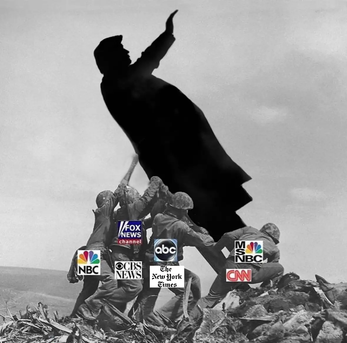 A black-and-white photo of the iconic Iwo Jima flag-raising, with logos of major news networks like Fox News, NBC, CBS, ABC…