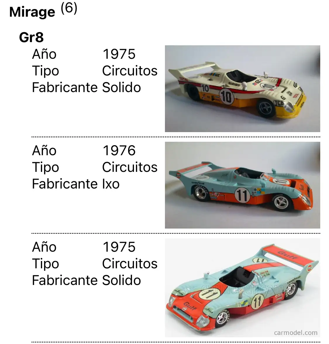 The image displays three toy race cars, each with identical specifications listed beside them: 'Año 1975', 'Tipo Circuitos'…