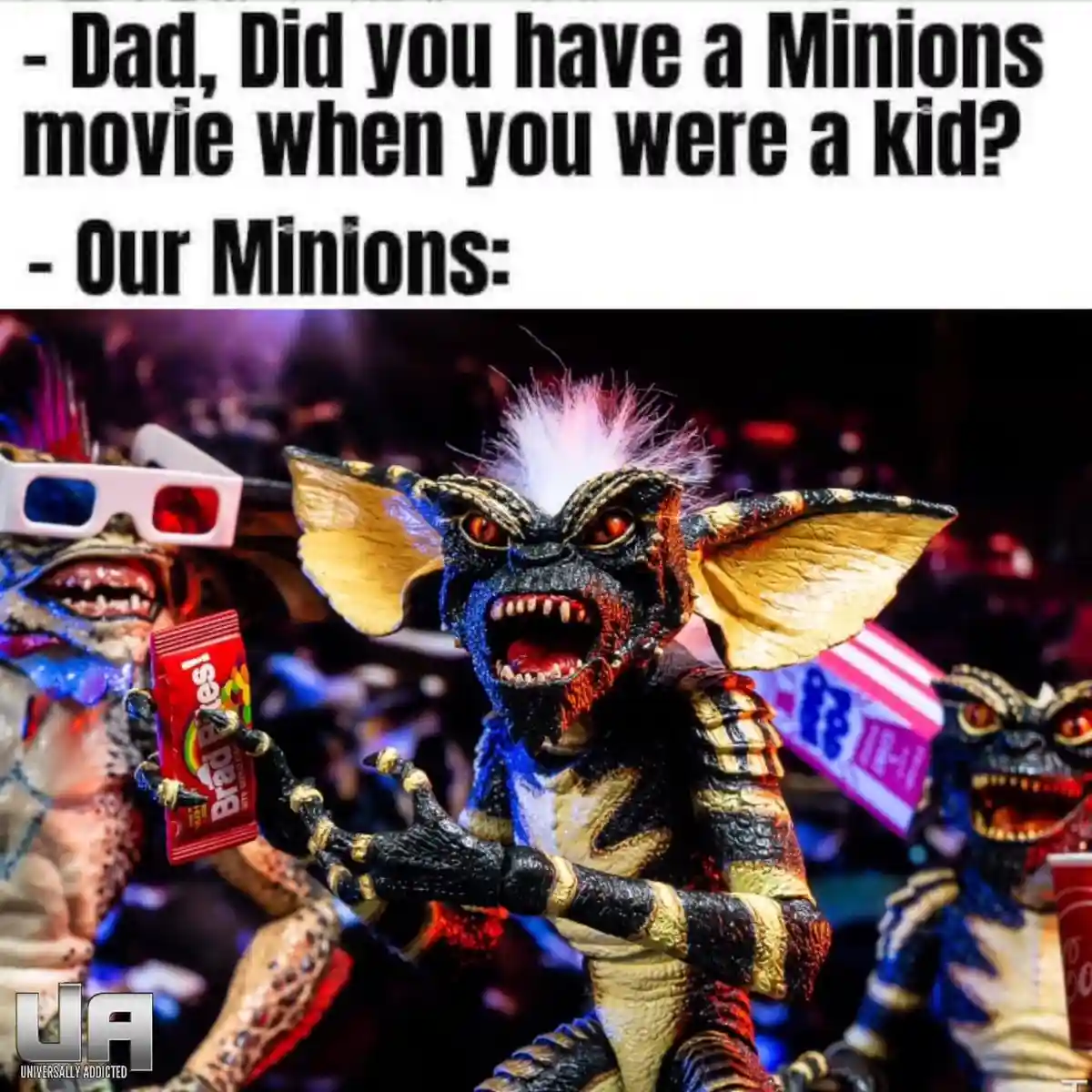 The image shows three Gremlins action figures in a dark, crowded setting. The central figure, with large ears and a white…