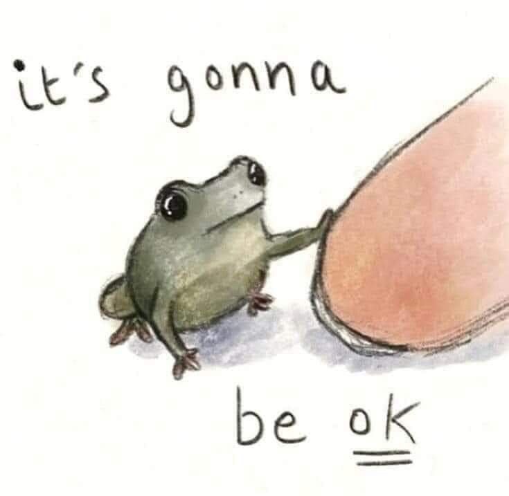 A small, hand-drawn green frog is holding onto a human finger with one of its front legs. The frog looks up at the finger…