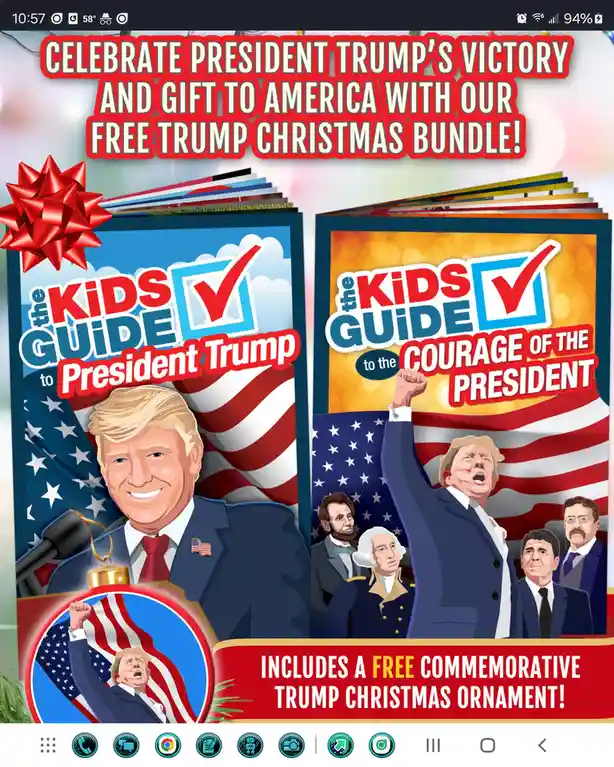 An advertisement image displays two children's books titled 'The Kids Guide to President Trump' and 'The Kids Guide to the…