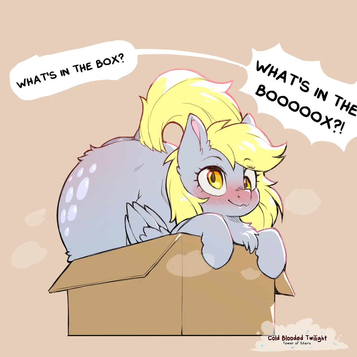 A cartoon pony with gray fur, yellow mane, and orange eyes peeks out of a cardboard box, looking curious. One speech bubble…