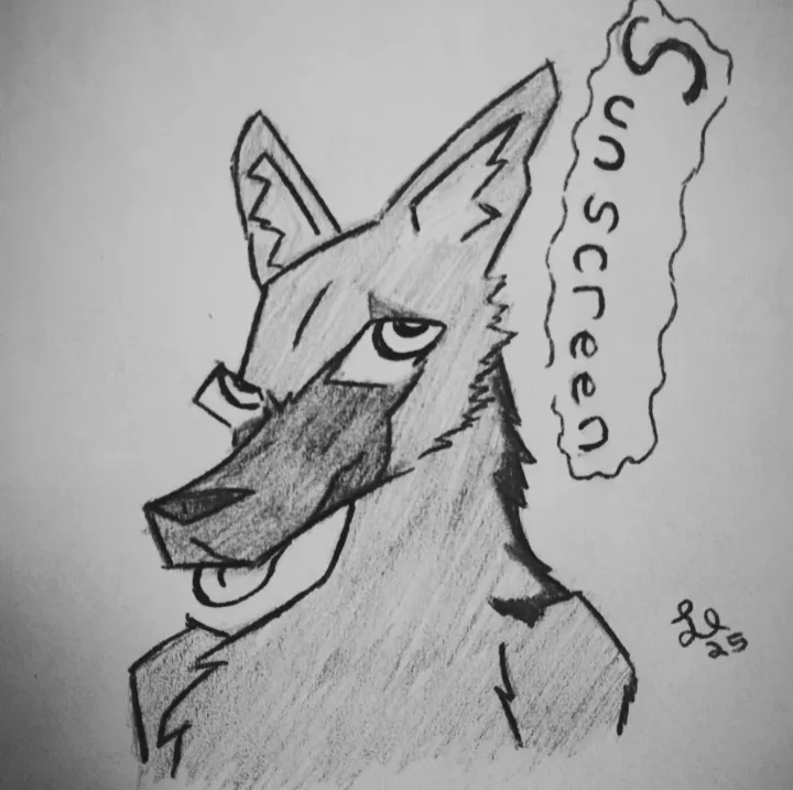 A hand-drawn pencil sketch of a wolf-like creature with a stern, unimpressed expression, looking slightly to the side. The…