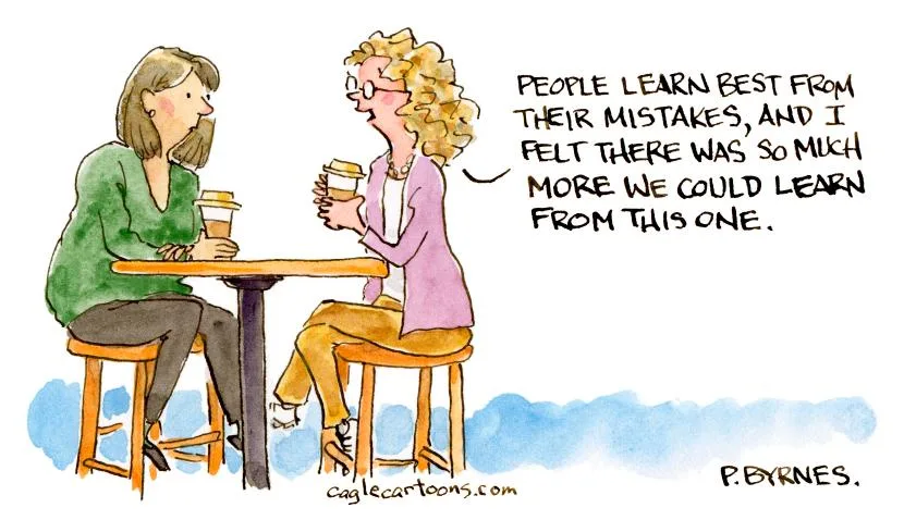 Two women sit at a small table with coffee cups, one speaking while the other listens. The speaker, with curly blonde hair…