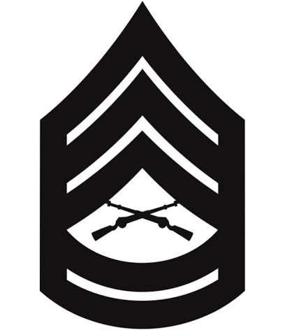 The image displays a black and white military rank insignia, specifically the U.S. Army Staff Sergeant (E-5) rank, featuring…