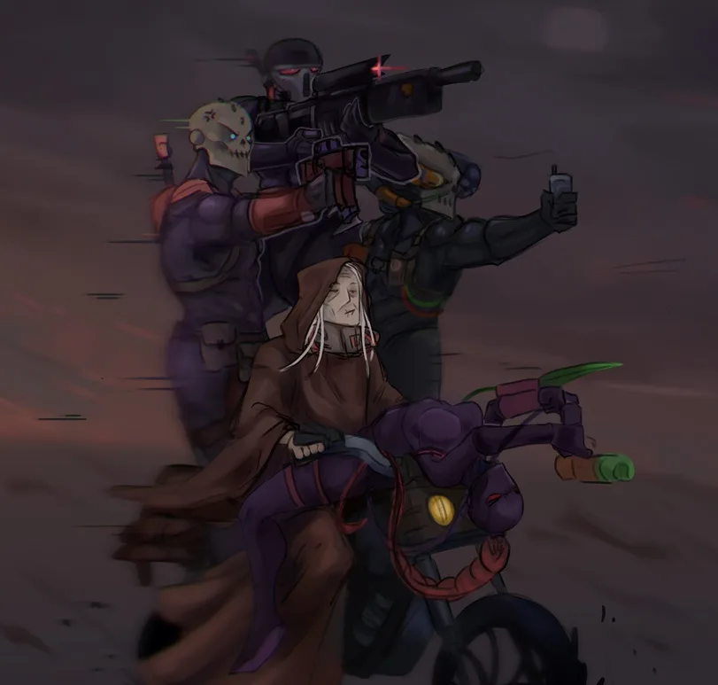 A cartoonish, darkly lit image shows a cloaked, elderly-looking character riding a futuristic motorcycle with a purple…