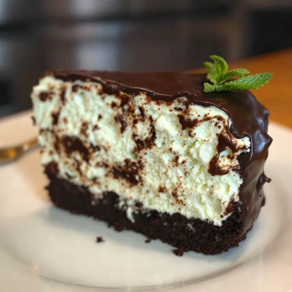A close-up photo of a slice of layered chocolate cake with white cream filling, covered in glossy chocolate ganache and…