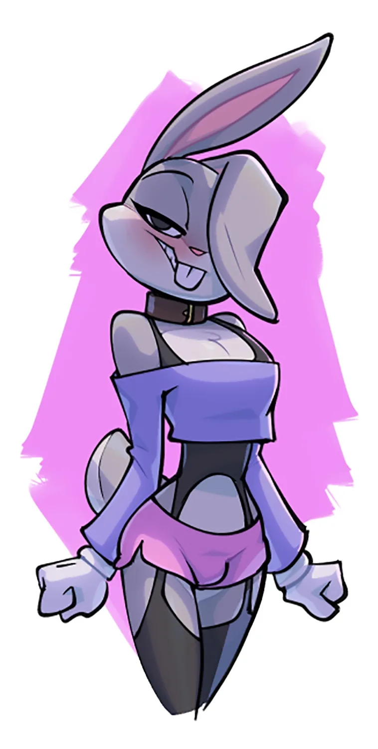 A stylized cartoon rabbit with grey fur, wearing a purple top and pink shorts, has a smug, toothy grin and narrowed eyes…