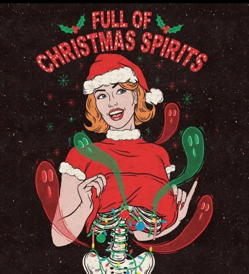 A vintage-style illustration shows a smiling woman in a red Santa hat and sweater, but her torso is replaced with a skeleton…