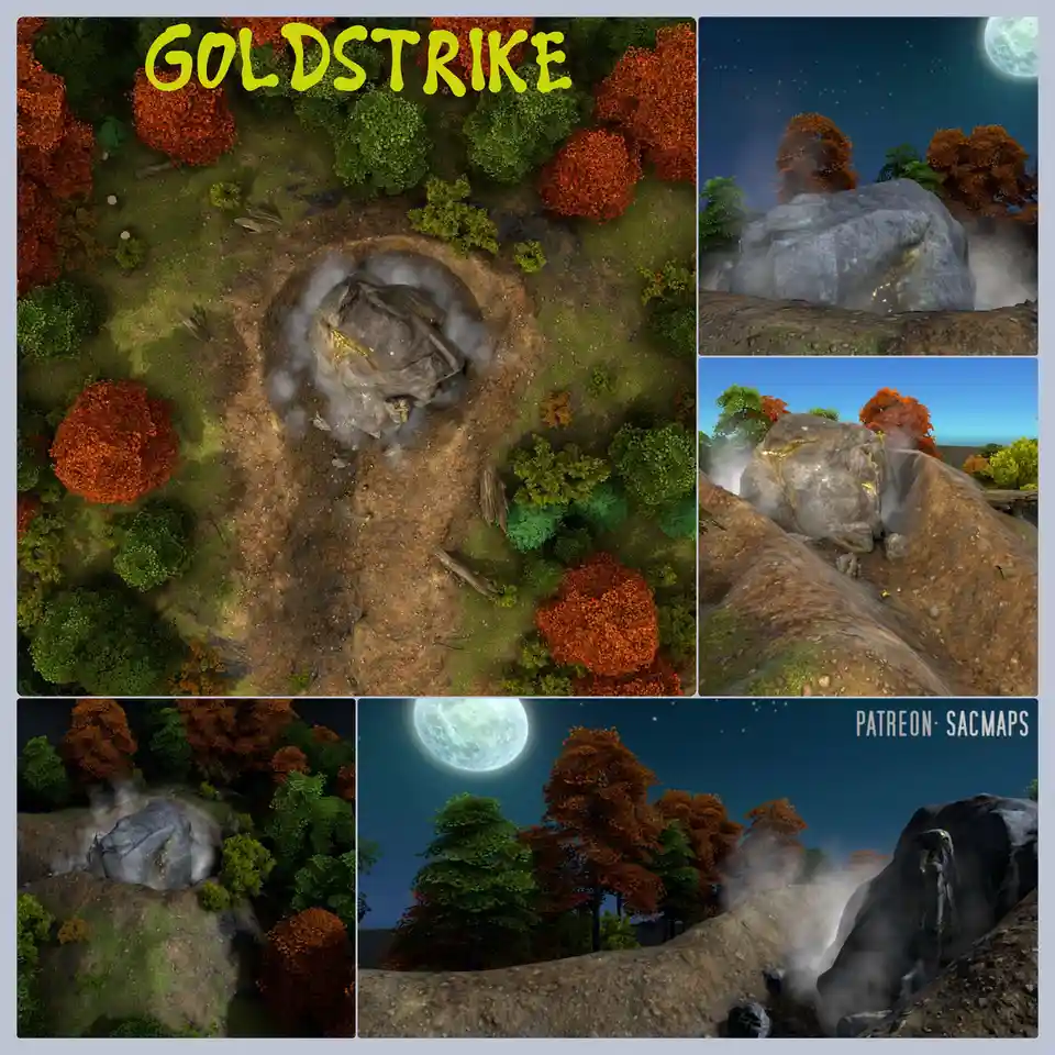 A collage of five images showing a large grey rock with visible gold veins and steam rising from it, set in a forest with…