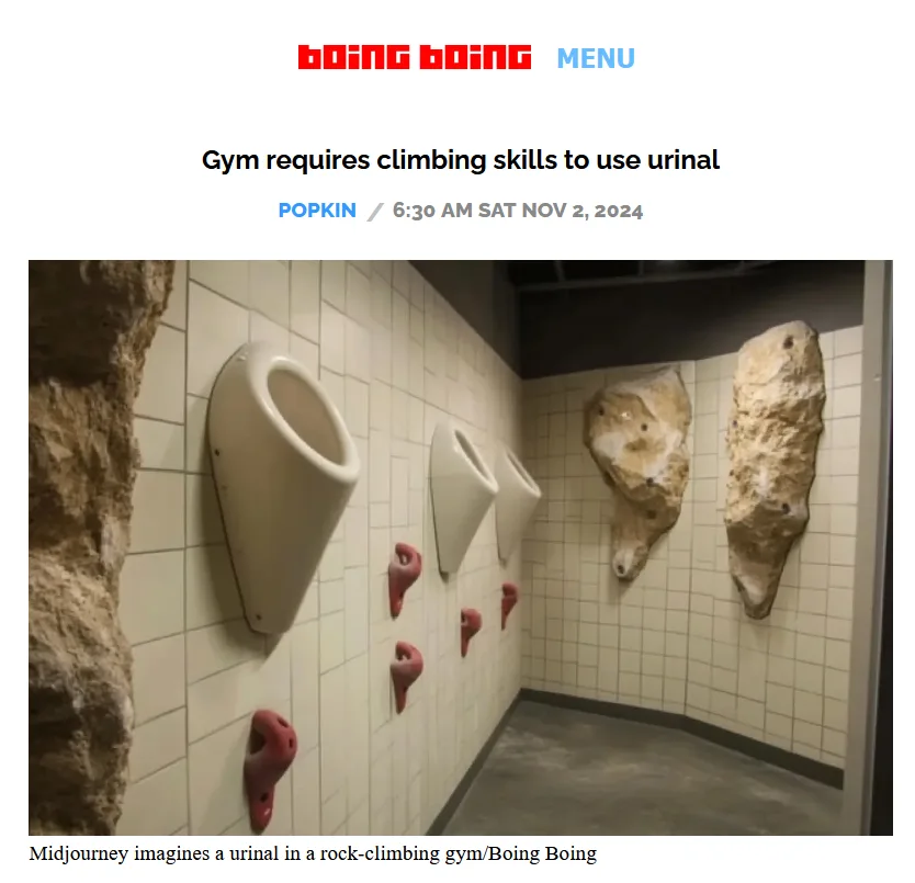 A bathroom with white tiled walls features urinals mounted as if they were rock climbing holds, with red climbing grips…