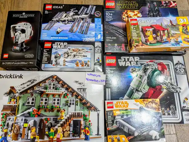 A collection of LEGO sets, including Star Wars themes like the Scout Trooper, International Space Station, and Kylo Ren's…