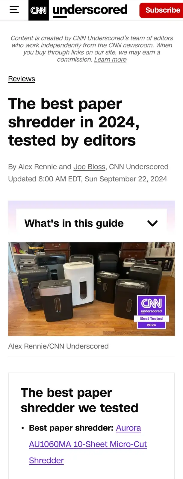 A screenshot of a CNN Underscored article titled 'The best paper shredder in 2024, tested by editors' shows a photo of…