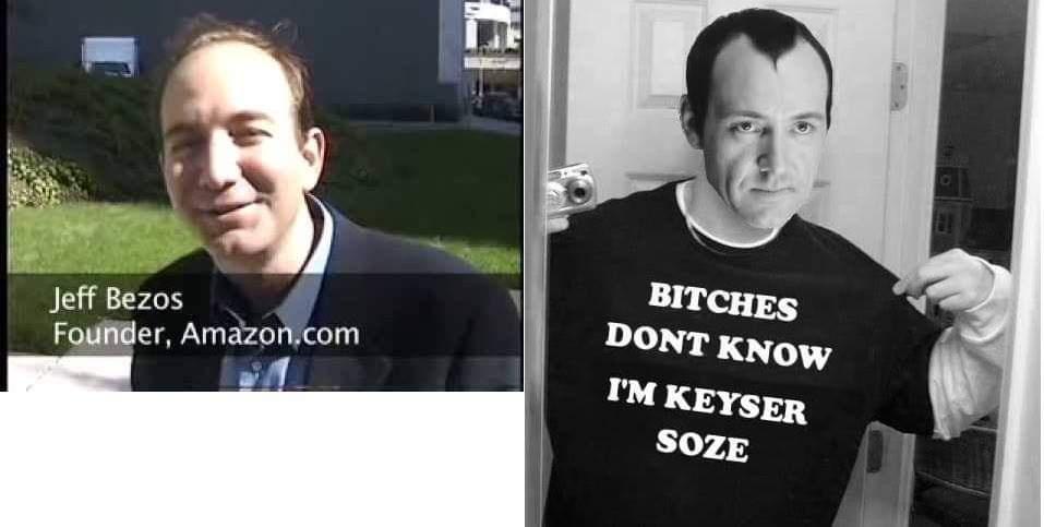 The image is a split-screen meme. On the left, Jeff Bezos, founder of Amazon.com, is shown smiling outdoors. On the right, a…