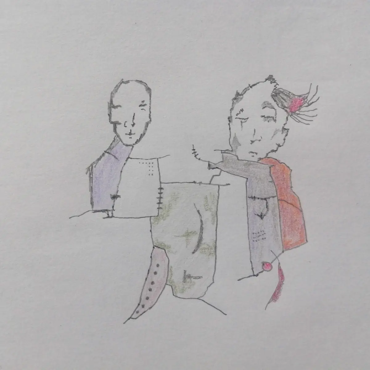 A hand-drawn sketch shows two stylized figures, one on the left with a neutral expression and the other on the right looking…