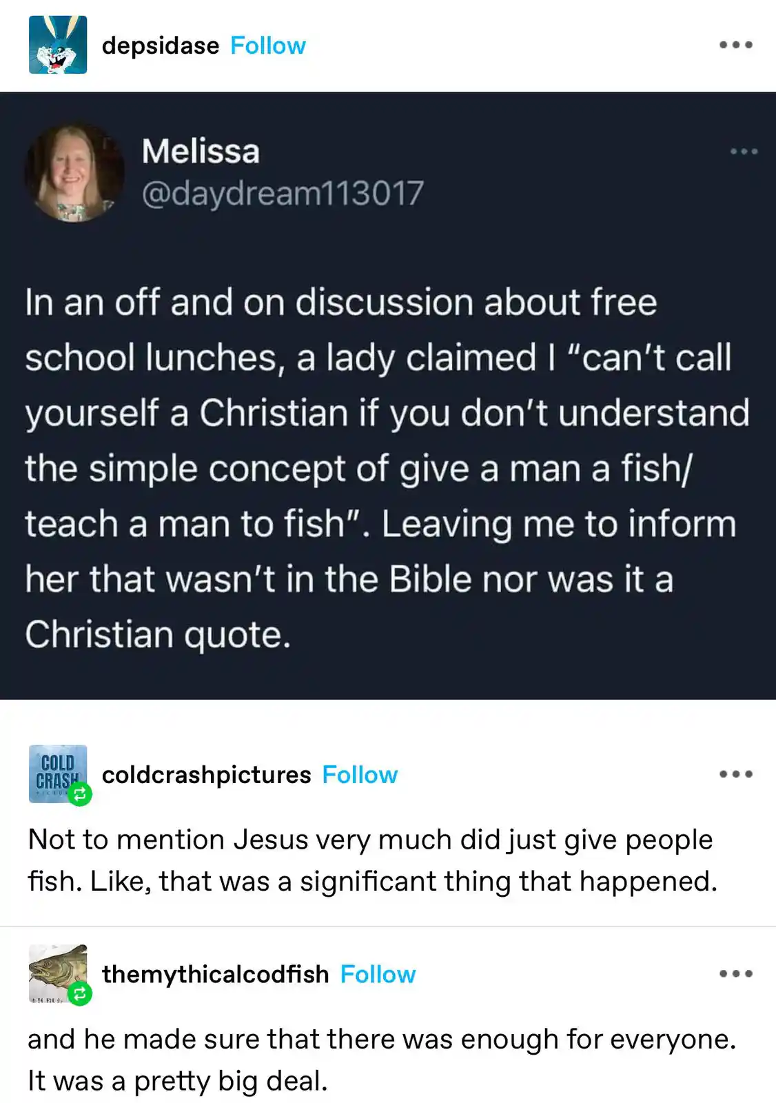 A screenshot of a Twitter thread where Melissa shares that someone accused her of not being Christian for not understanding…