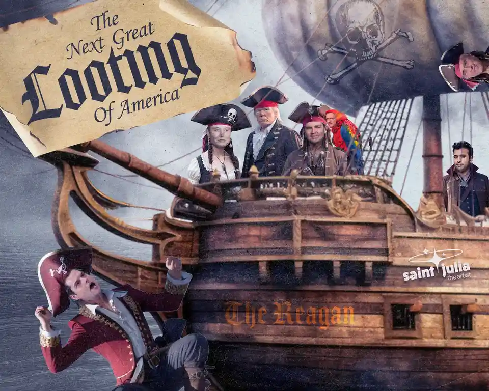 A pirate ship named 'The Reagan' sails with several public figures superimposed as pirates, including Donald Trump, Elon…