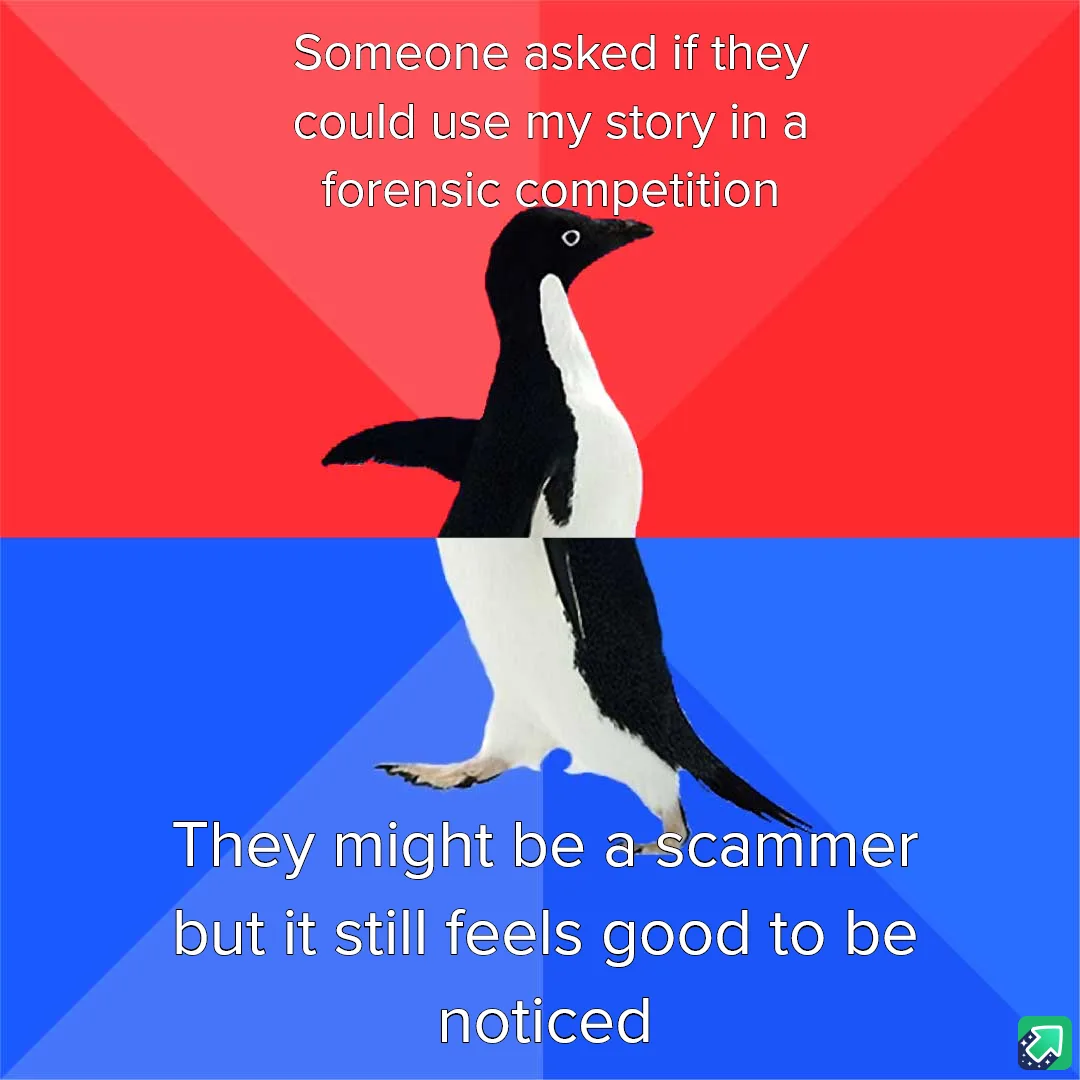 A penguin stands centered against a red and blue background, split horizontally. White text overlays the image in two…