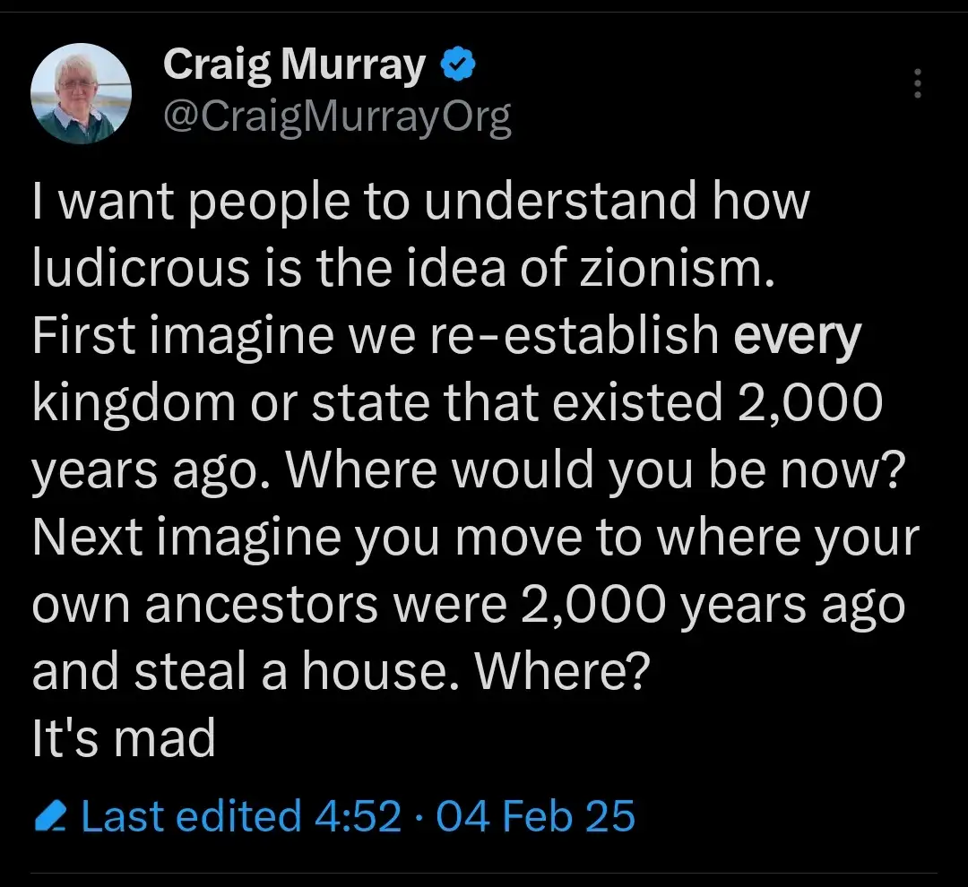 A screenshot of a tweet by Craig Murray (@CraigMurrayOrg) with a black background and white text. The tweet reads: 'I want…