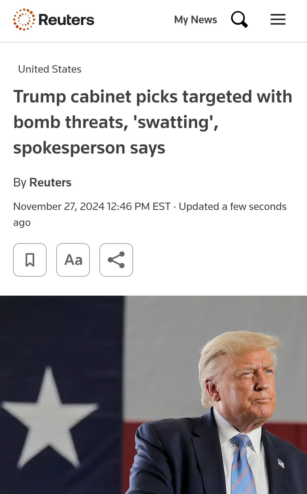 A screenshot of a Reuters news article dated November 27, 2024, with the headline 'Trump cabinet picks targeted with bomb…