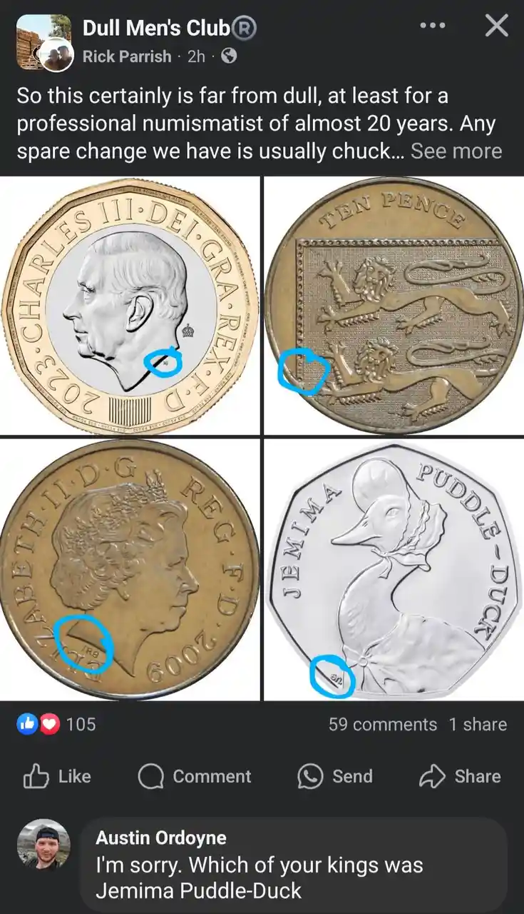 The image displays four British coins: a 2023 £1 coin with a blue circle highlighting 'NJ' on Charles III's neck, a 2017 10p…