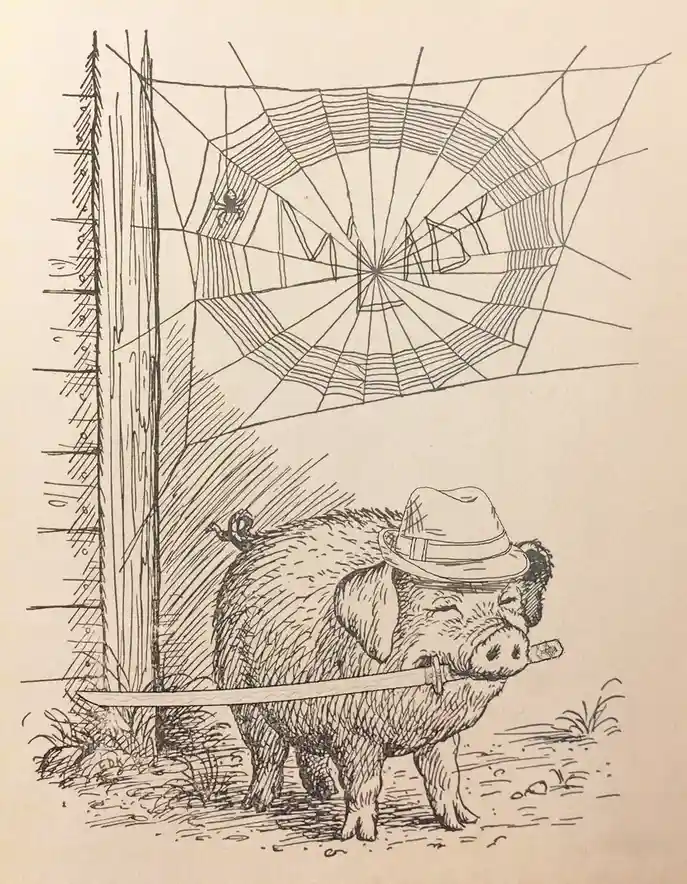 A vintage-style black-and-white illustration shows a pig wearing a fedora and holding a sword, standing beneath a large…