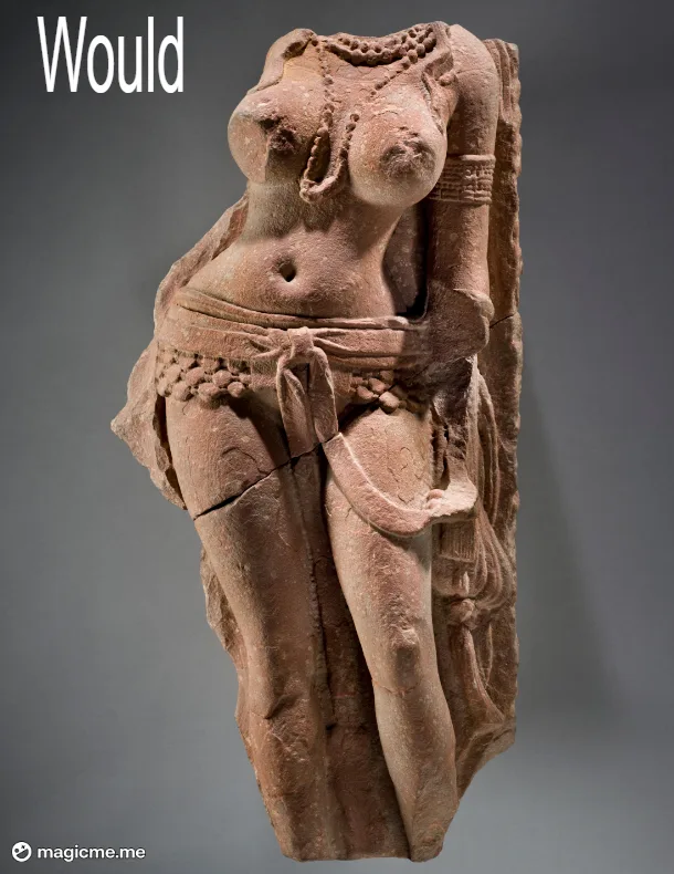 A weathered, reddish-brown stone sculpture of a female figure with exaggerated curves, adorned with beads and a tied sash…