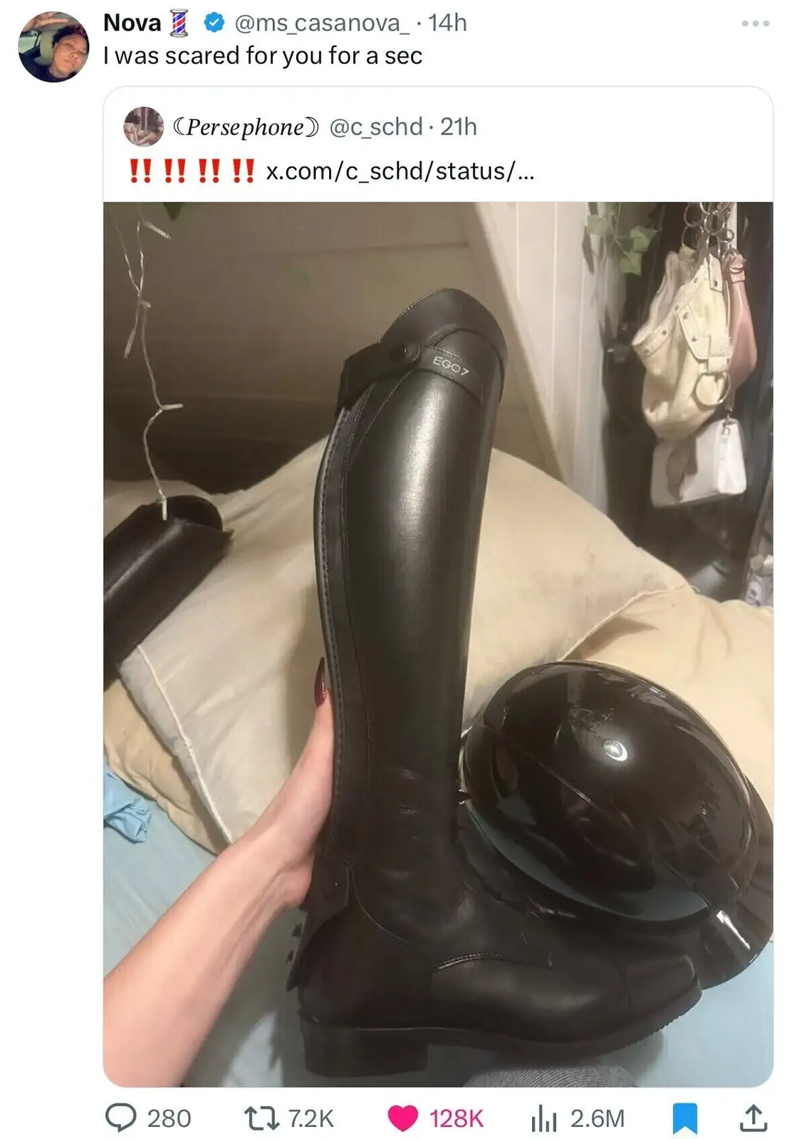A hand holds a tall black riding boot next to a black motorcycle helmet, both resting on a bed. The overlaid text reads 'I…
